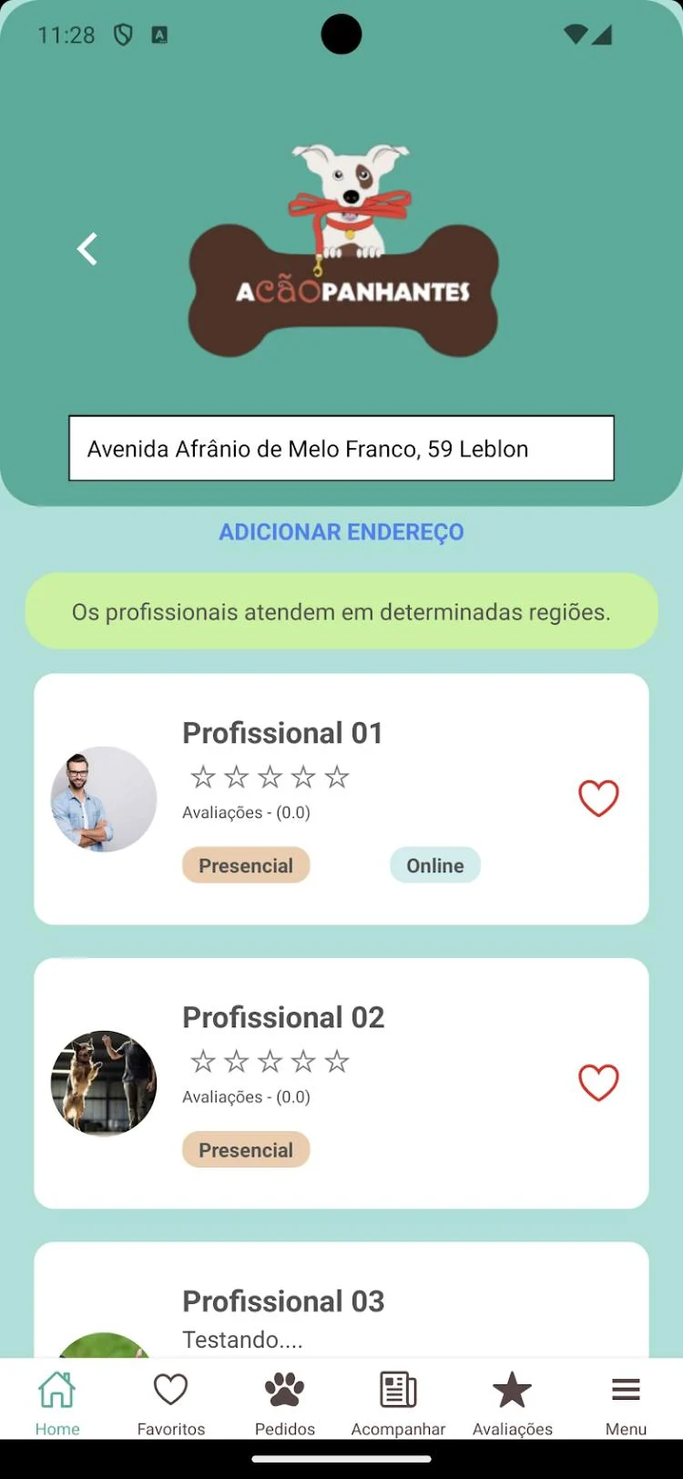 Lista de profissionais da região com avaliações