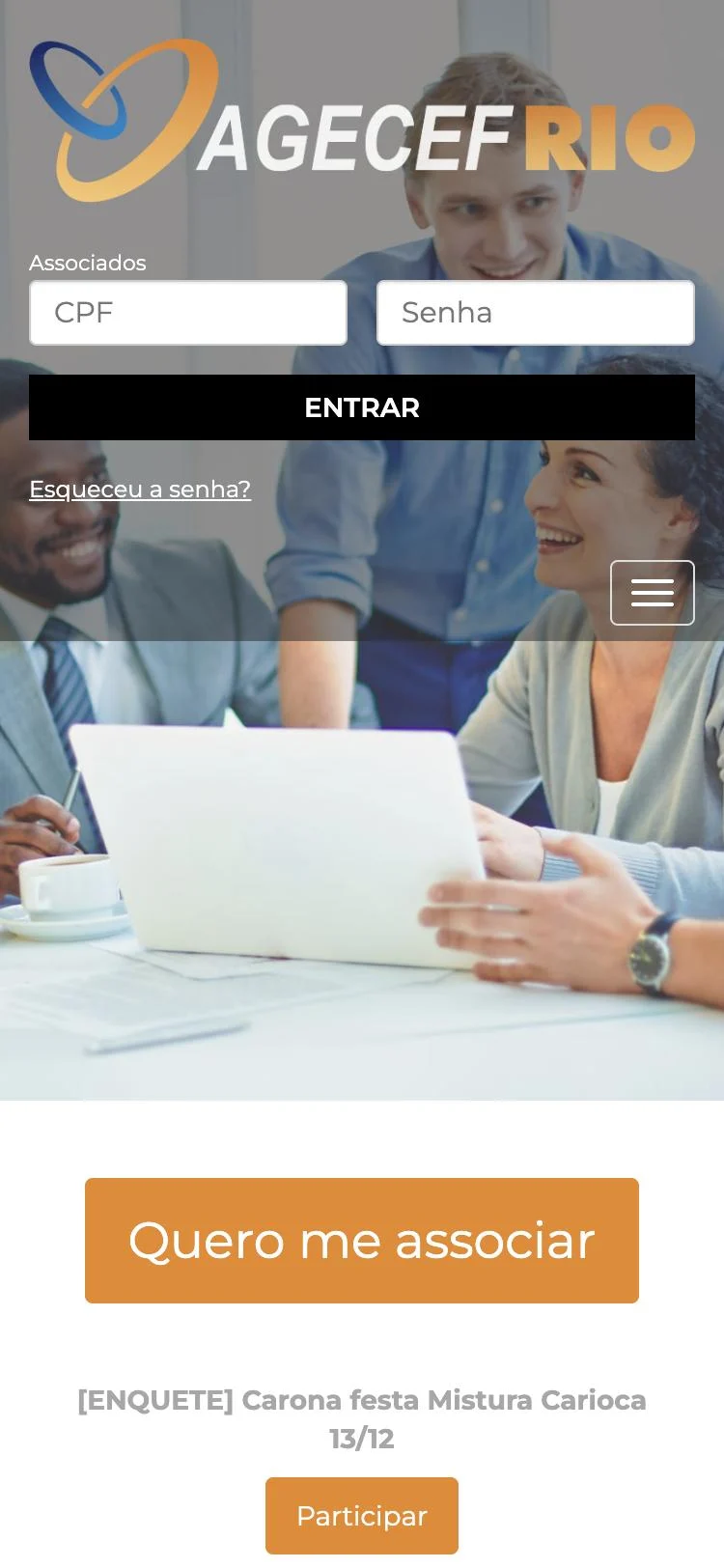 Portal da AGECEF-Rio no celular com acesso do associado