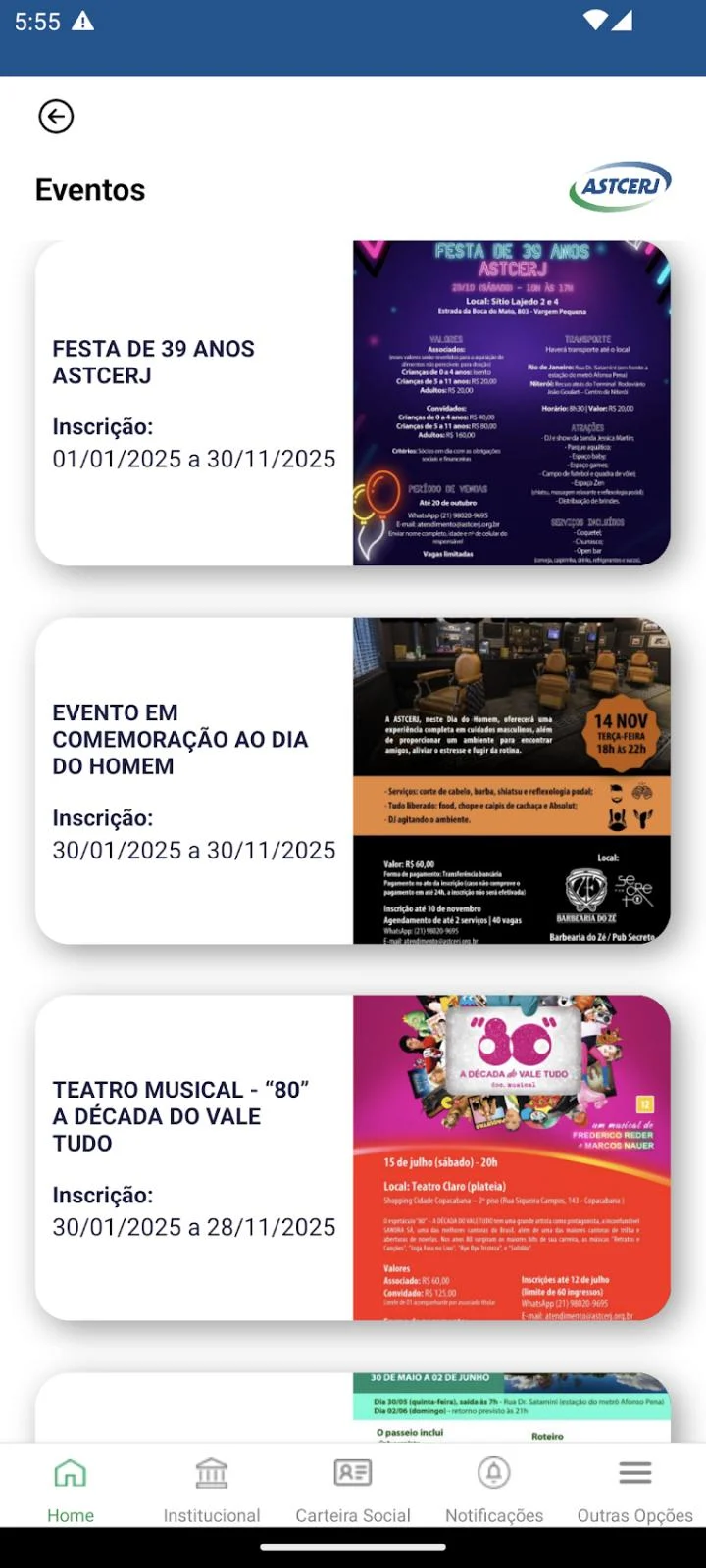 Lista de eventos com período de inscrição