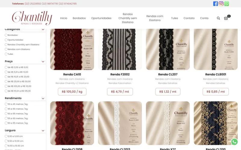 Catálogo de rendas com elastano da Chantilly com filtros por preço, rendimento e largura