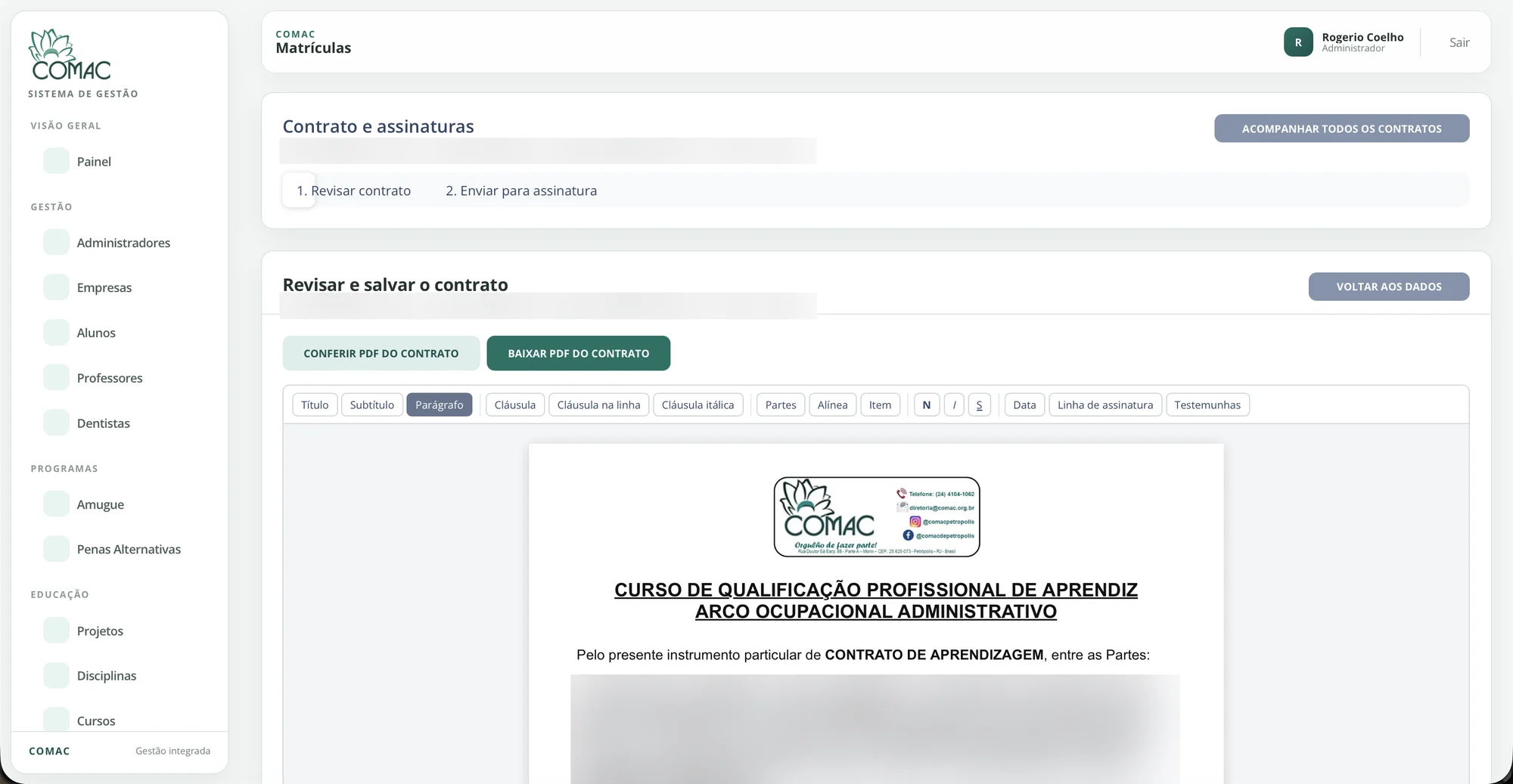 Geração e revisão de contrato de aprendizagem (dados ocultos)