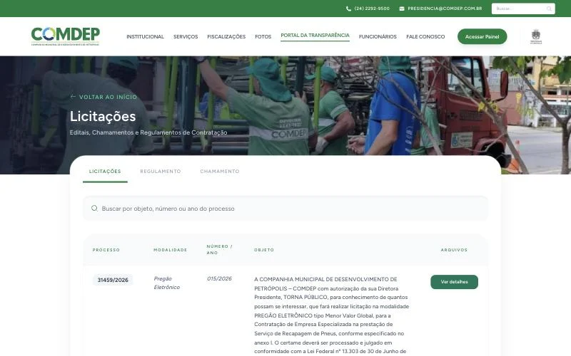 Página de licitações do Portal da Transparência da COMDEP com busca por objeto, número ou ano