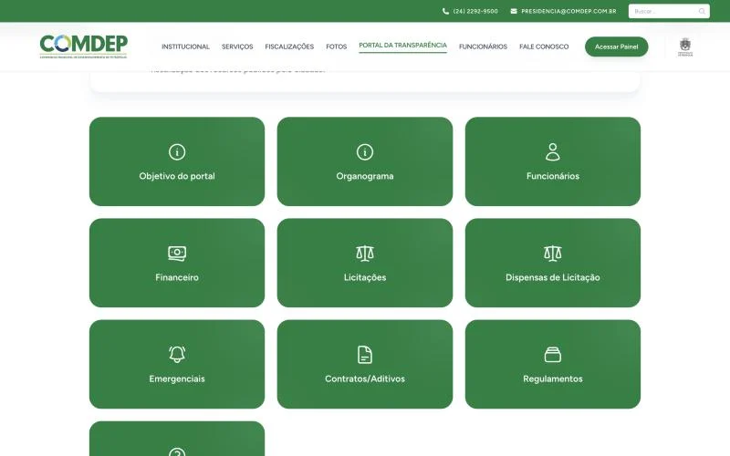 Seções do Portal da Transparência da COMDEP: organograma, funcionários, financeiro, licitações e contratos