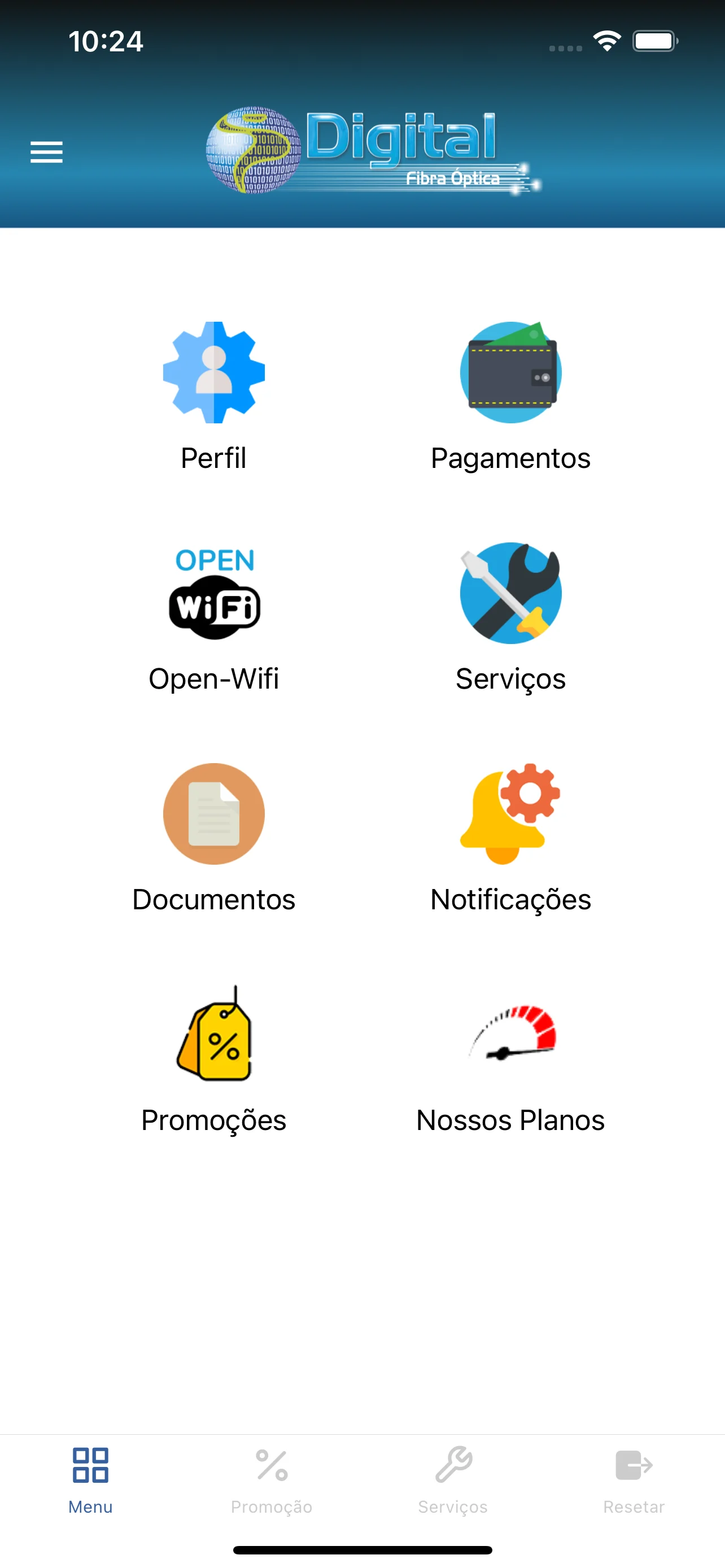 Menu principal do app da Digital Fibra Óptica