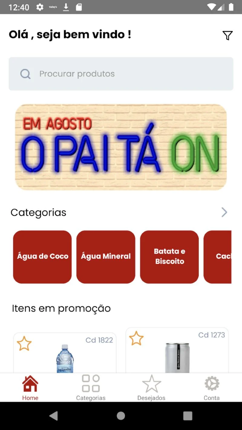 Tela inicial com banner de campanha, categorias e promoções