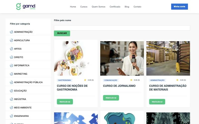 Catálogo de cursos da GAMD com filtro por categoria e busca
