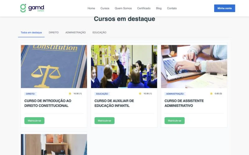 Cursos em destaque por área na página inicial