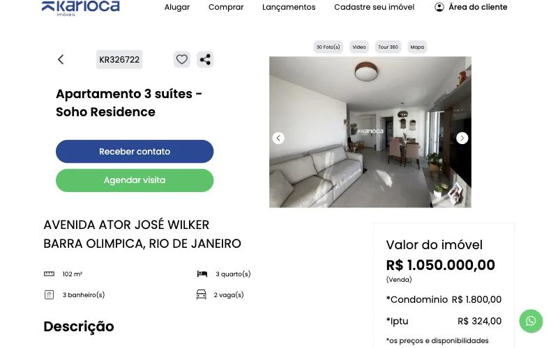 Página de imóvel com fotos, vídeo, tour 360, mapa e agendamento de visita