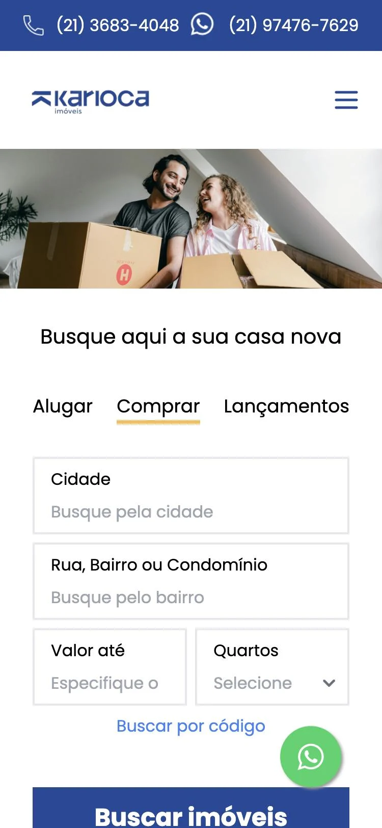 Site da Karioca Imóveis no celular com busca de imóveis