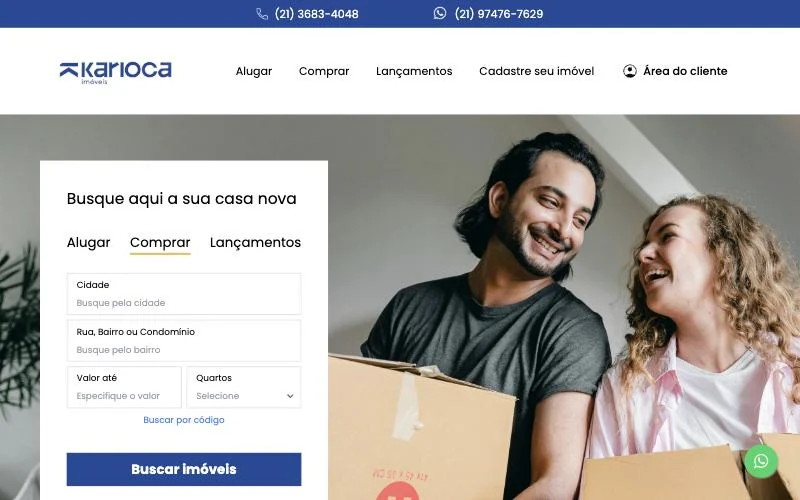 Página inicial da Karioca Imóveis com busca