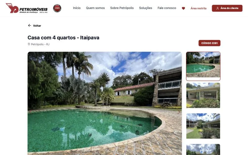 Página de imóvel da Petroimóveis com galeria de fotos de uma casa em Itaipava