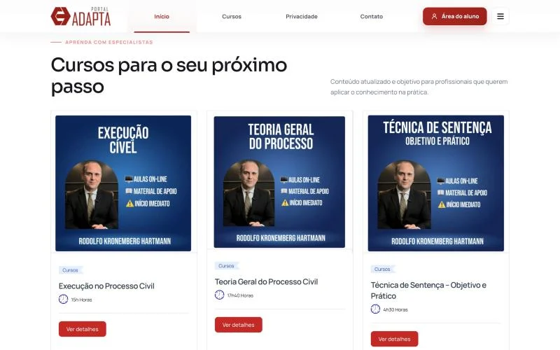 Vitrine de cursos jurídicos do Portal Adapta