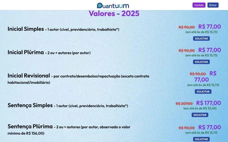 Tabela de valores dos cálculos judiciais da Quantuum