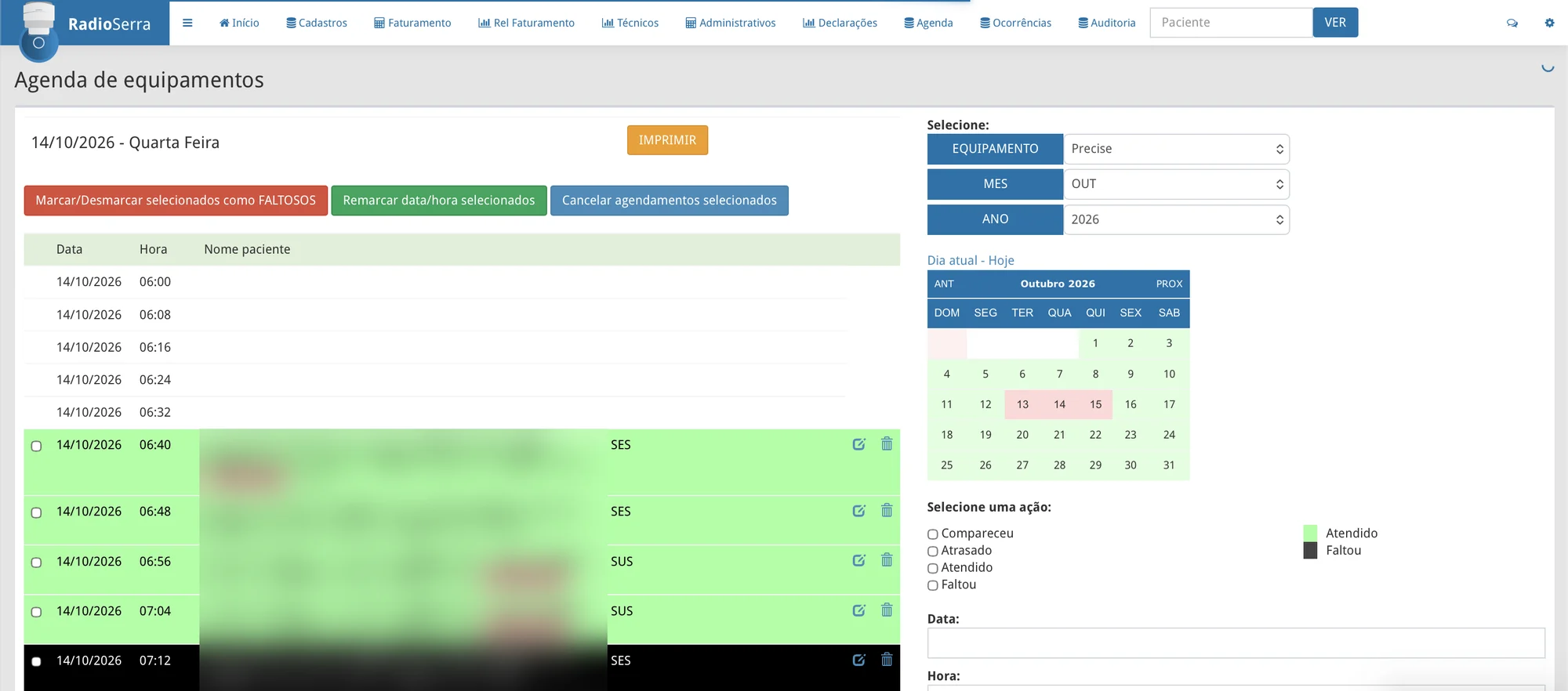 Agenda de equipamentos de radioterapia com sessões por horário (dados dos pacientes ocultos)