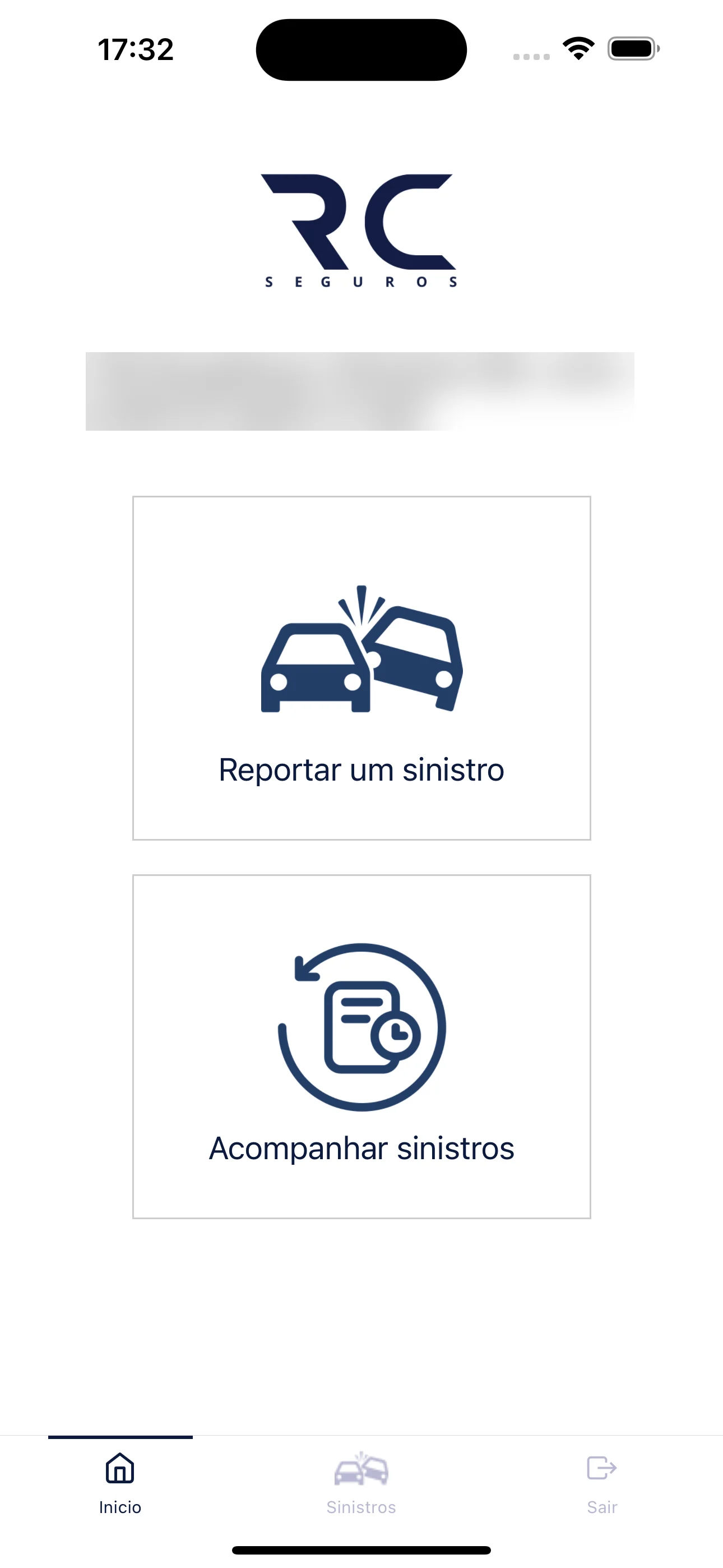 Tela inicial com opções de reportar e acompanhar sinistros
