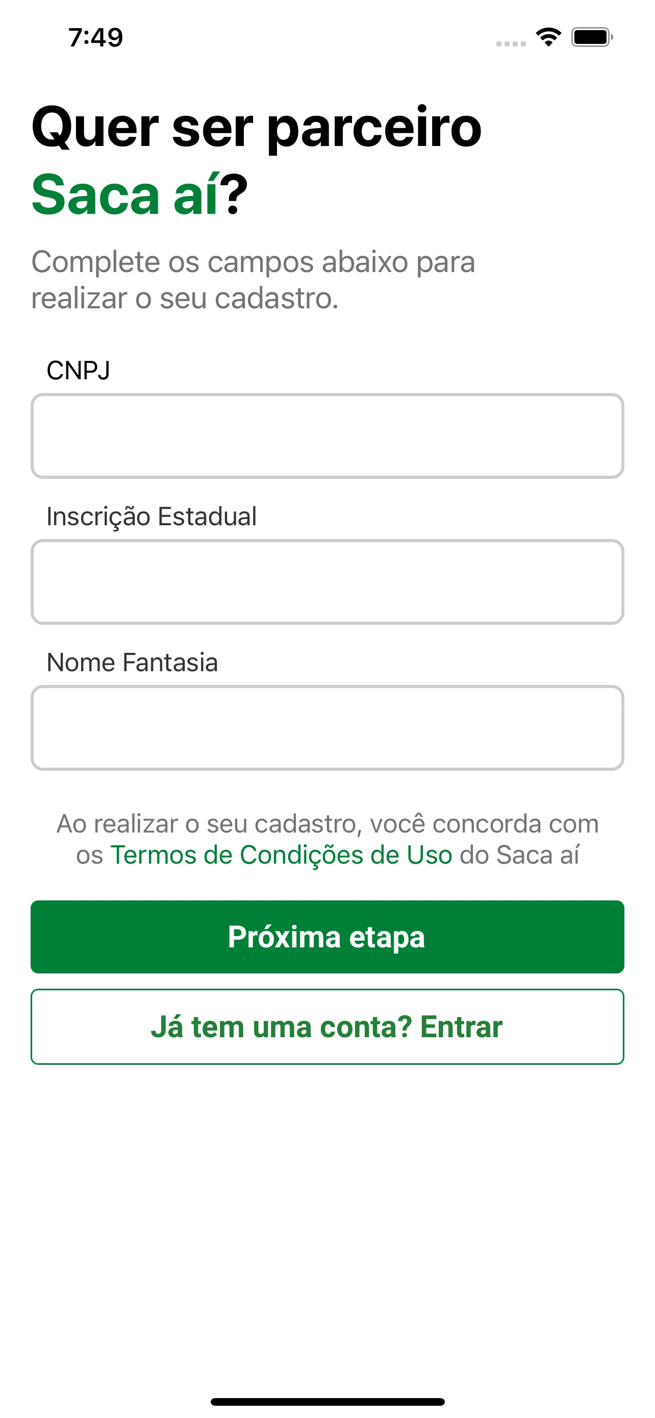 Cadastro do estabelecimento parceiro com CNPJ