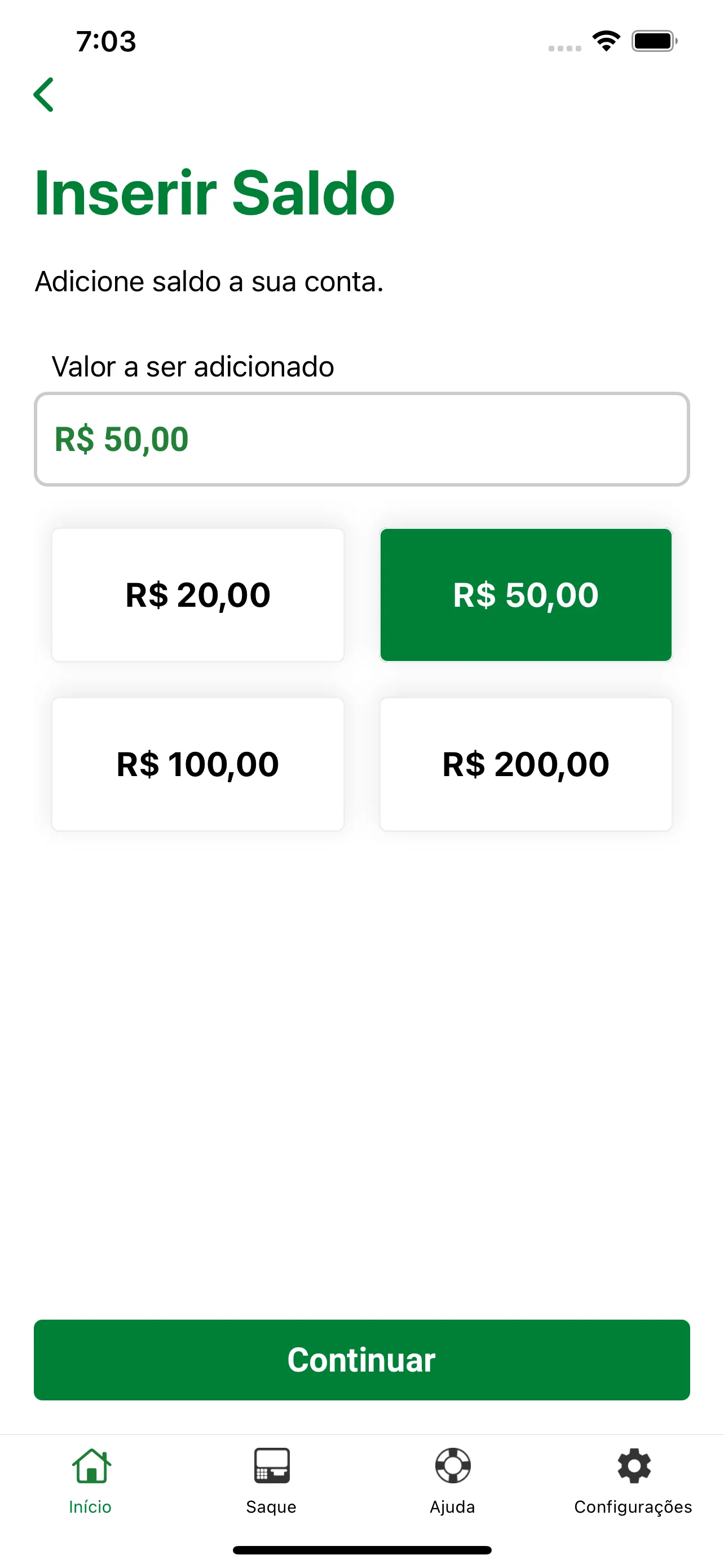 Tela para inserir saldo na conta com valores rápidos