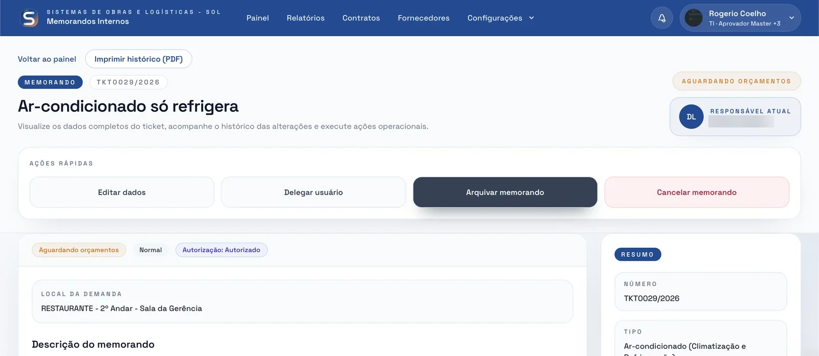Memorando com ações rápidas e resumo
